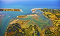 Aerial;Ohope_Beach_and_Ohiwa_Harbour;Bay_of_plenty;blue_sea;blue_sky;sandy_beach