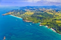 aerial;Hahei;sandy_beaches;bachs;holiday_homes;blue_sky;blue_sea;bush;native_for