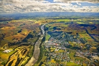 Aerial;Waipawa;Tararua;church;green_fields;paddocks;Waipawa_River;river;palms;pa