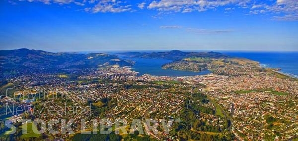 Aerial;Dunedin;Otago Peninsula;Otago;university city;university;harbour;golden sands;gothic buildings;Heritage Museum;law courts;Station;Train Station