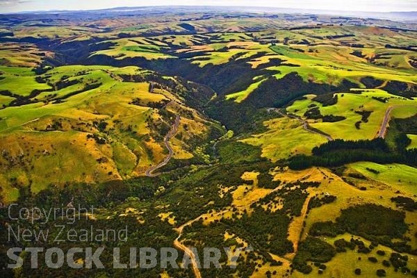 Aerial;Dunedin;Otago;The Outram;Middlemarch;road;Harveys Flat;winding road;zigzag road;twisting road