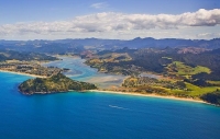 Aerial;Tairua;Coromandel;sandy_beaches;bachs;holiday_homes;blue_sky;blue_sea;bus
