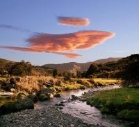 Bush;creek;Buller_Region;flowing_water;stream;lenticular_cloud;orange_lenticular